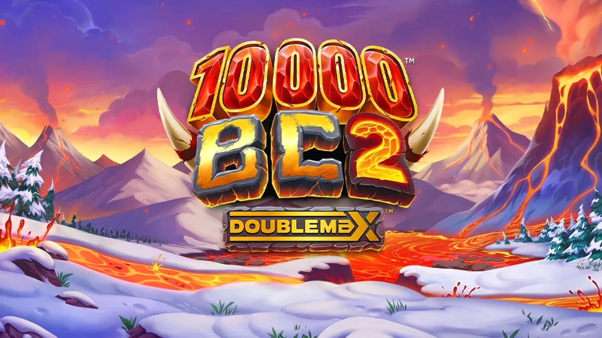 Tampilan antarmuka mobile slot 10000 BC DoubleMax 2 dengan grafis prasejarah yang tajam