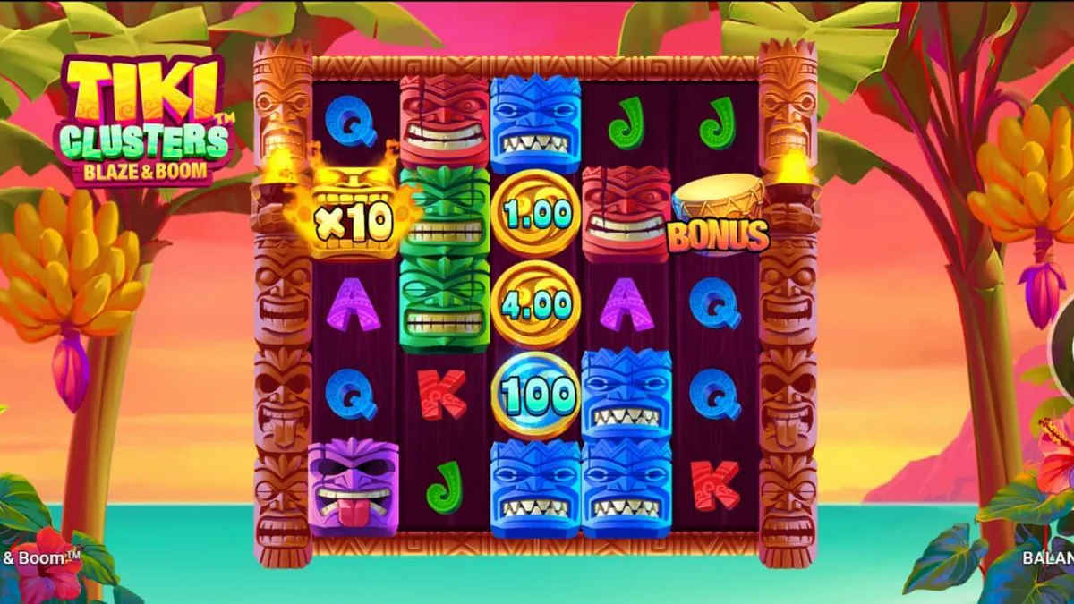 Tiki Clusters Blaze & Boom slot interface with vibrant tropical background and cluster mechanics