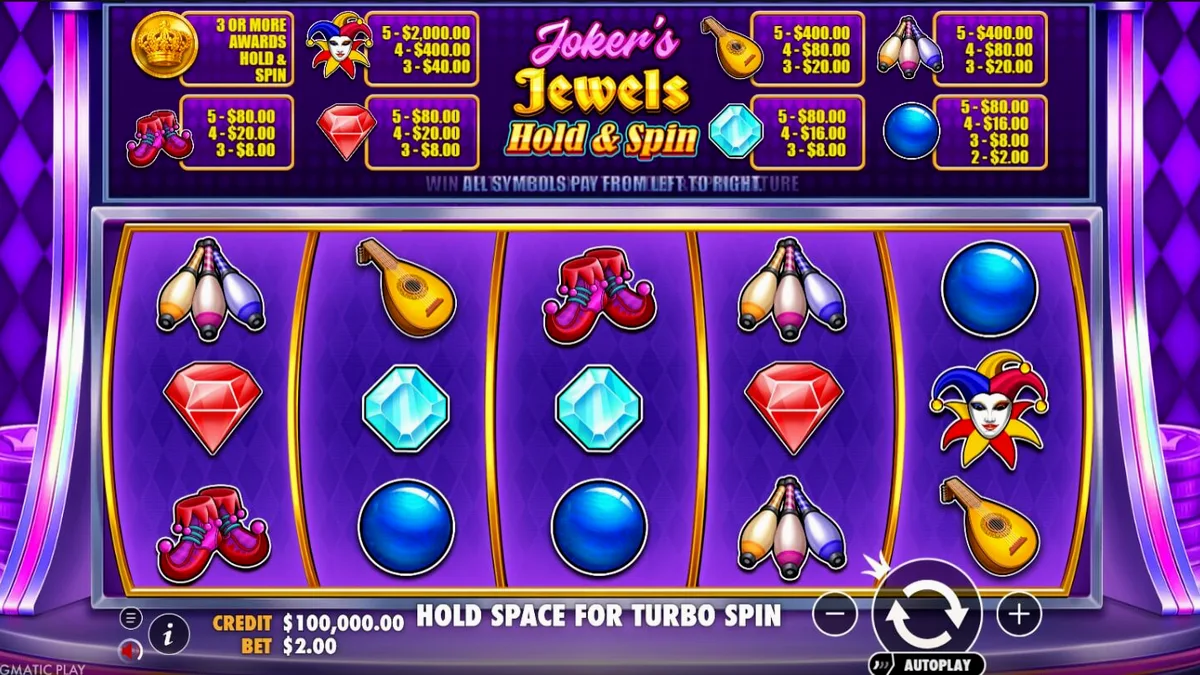 Tampilan antarmuka slot Joker’s Jewels Hold & Spin dengan simbol Joker dan permata.