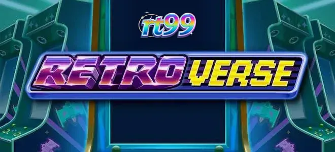 Tampilan visual slot RetroVerse yang penuh warna neon dan gaya arcade.